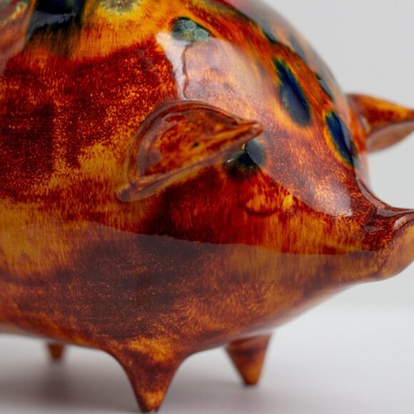 Vintage Handcrafted Ceramic Piggy Bank With Handle and Abstract Glaze Design - Picture 3 of 11